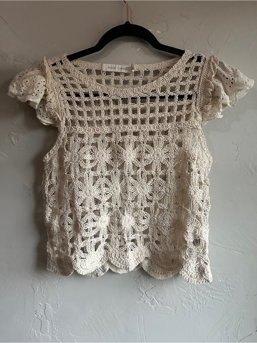 Bishop + Young Granny Square Crochet Top Eyelet Flutter Sleeve Boho Cotton XXS